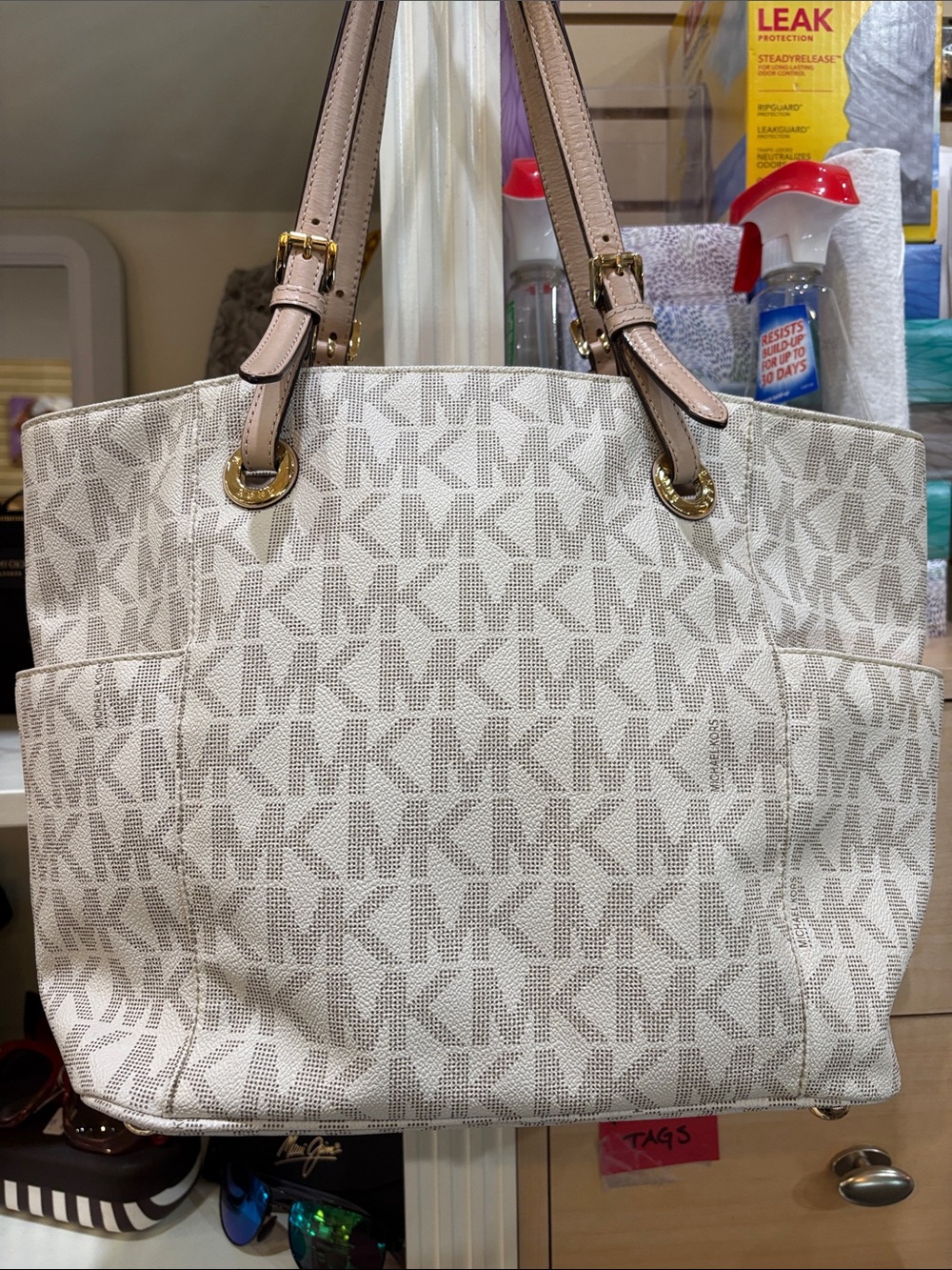 Michael Kors Ivory/Taupe Signature MK Tote with Leather Straps